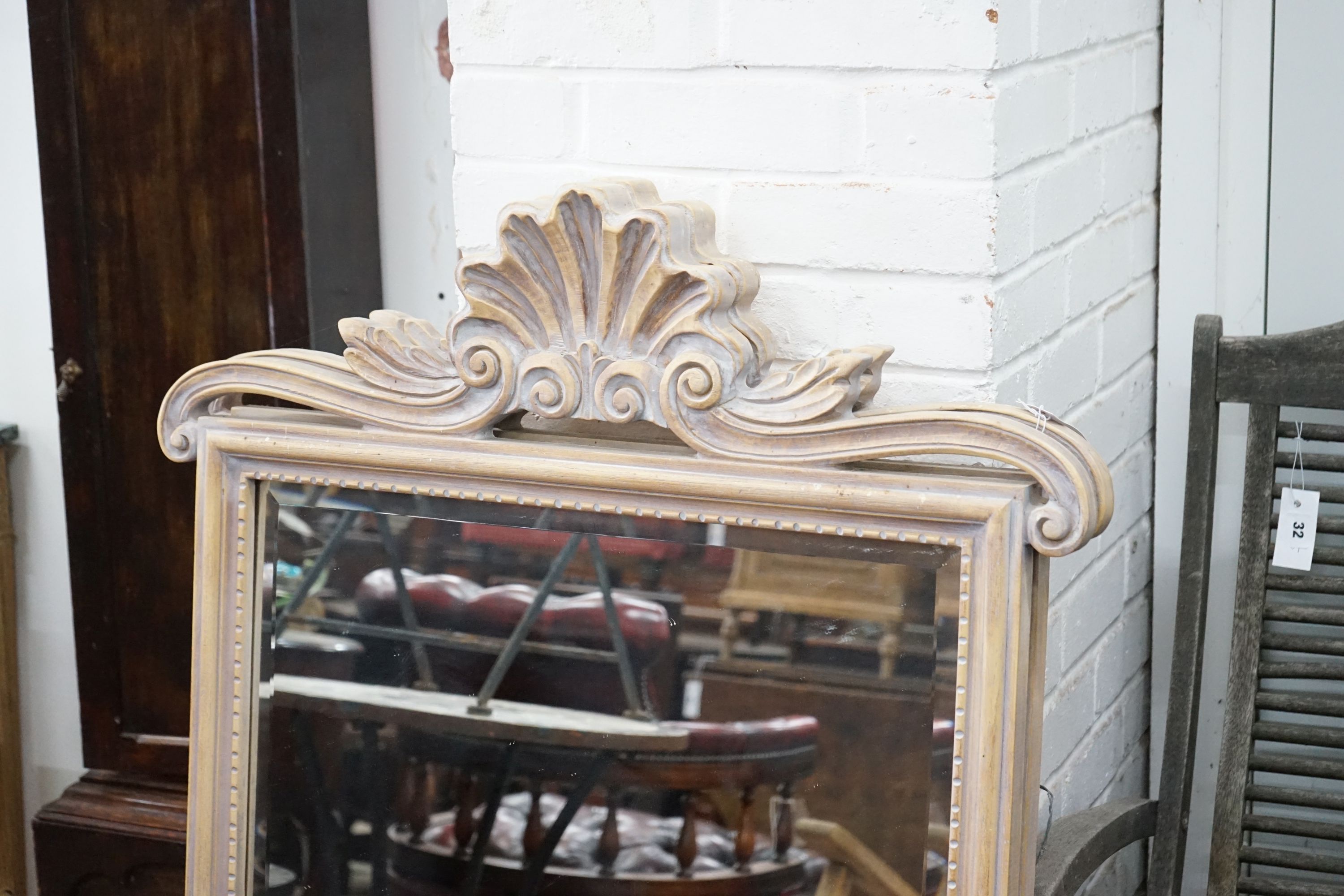 A pair of 18th century style rectangular wall mirrors with shell pediments, width 81cm, height 120cm